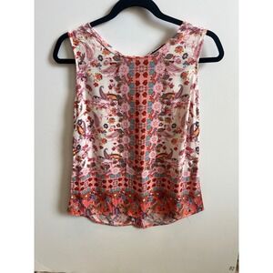 Soiree Floral Mandala Print Button Pink Blue Back Tank Top Size S